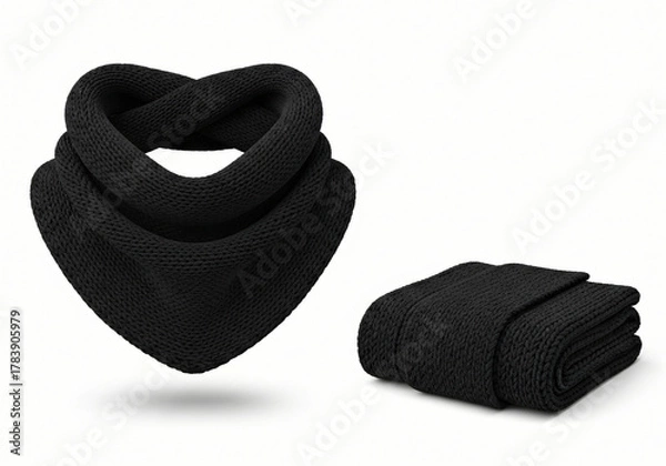 Obraz Blank black knitted scarf folded and unfolded mockup set, isolated, 3d rendering. Empty christmas apparel mock up. Clear soft handmade neckerchief template 