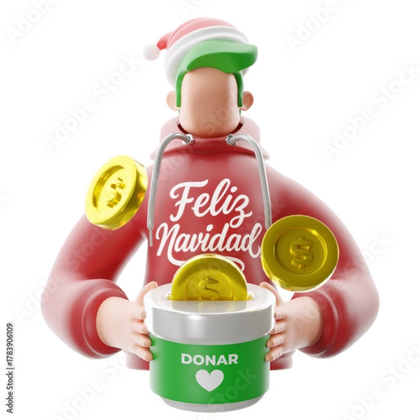 Obraz Fundraiser holding a bucket filled with coins. 3D illustration.