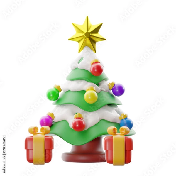 Obraz Pastel Christmas tree with surrounding gift boxes. 3D illustration.