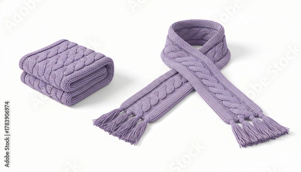 Obraz Blank Lavender knitted scarf folded and unfolded mockup set, isolated, 3d rendering. Empty christmas apparel mock up. Clear soft handmade neckerchief template.