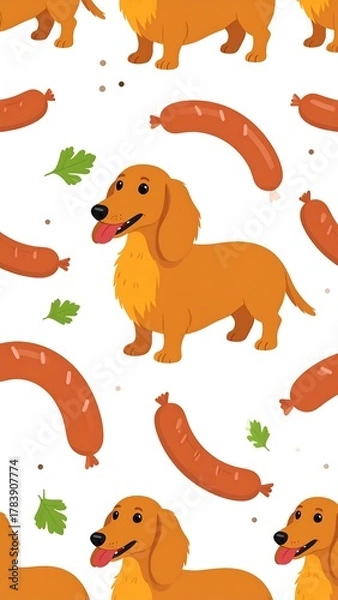 Fototapeta Cartoon dachshunds and sausages on a white background pattern