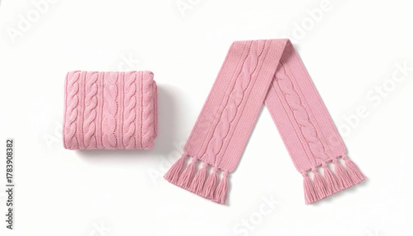 Obraz Blank pink knitted scarf folded and unfolded mockup set, isolated, 3d rendering. Empty christmas apparel mock up. Clear soft handmade neckerchief template 