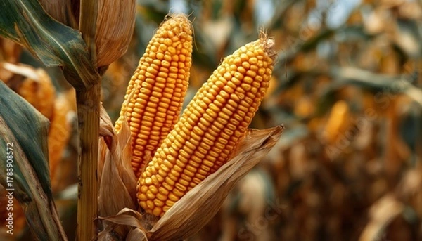 Fototapeta Organic Corn Field With Ripe Yellow Corn Cobs Ready For Harvesting - A Combination Of Food And Plant Elements In Nature.