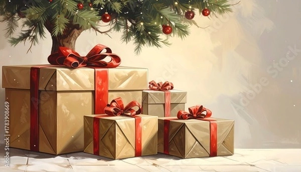 Obraz Christmas Presents Under the Tree - A Festive Holiday Scene.