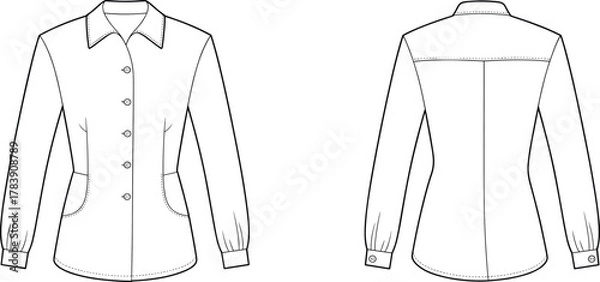 Fototapeta Button-up shirt technical sketch, front and back view, pointed collar, curved patch pockets, shaping seams, fashion flat, garment construction, vector illustration