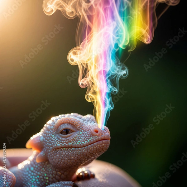 Fototapeta Lizard with rainbow smoke in vibrant fantasy outdoor scene
