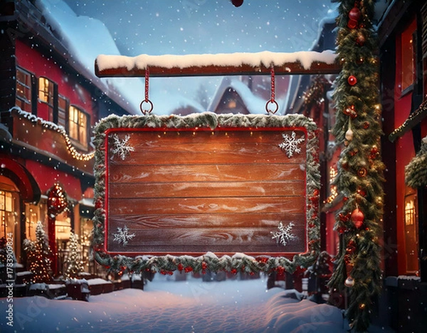 Fototapeta Festive Christmas Village Blank Store Sign to Add your own Text
