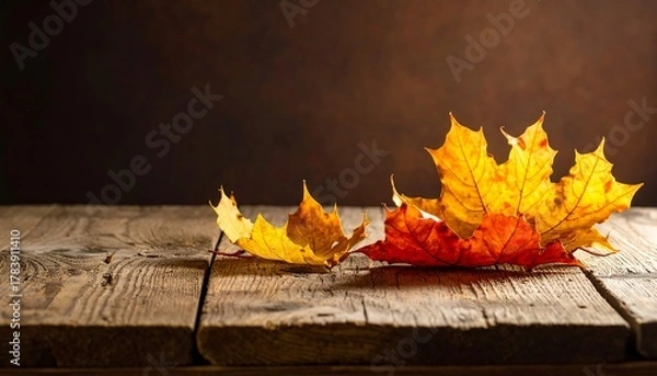 Obraz Autumn leaves on rustic wooden table, fall season concept.