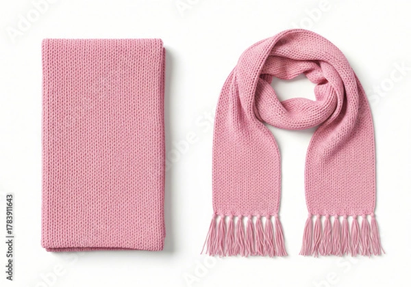 Obraz Blank pink knitted scarf folded and unfolded mockup set, isolated, 3d rendering. Empty christmas apparel mock up. Clear soft handmade neckerchief template 