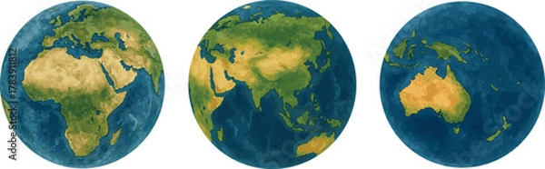 Fototapeta Vector watercolor illustrations of the Earth from three different angles