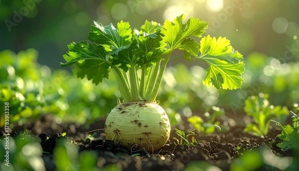 Obraz Fresh Celery Root Growing in the Garden Soil.