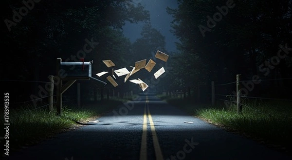 Fototapeta Mysterious scene of floating papers over a road at dusk