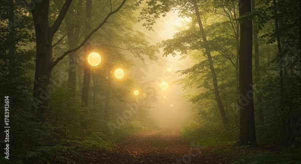 Obraz Mysterious forest path illuminated by glowing spheres in a dreamlike scene