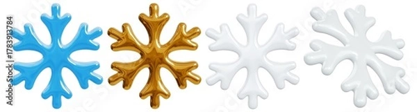 Fototapeta Snowflakes Set. Glossy Metallic Gold, Blue And White Winter Design Elements, Frost Icon. 3D Christmas And New Year Holiday Decorations, Front View. Isolated On Transparent Background