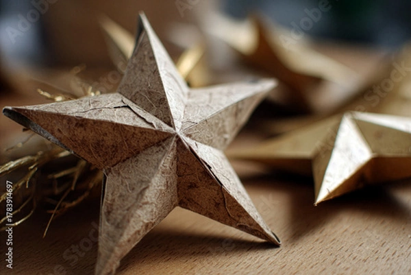 Fototapeta Holiday Craft - Paper Star Decoration on Table - Advent Tradition