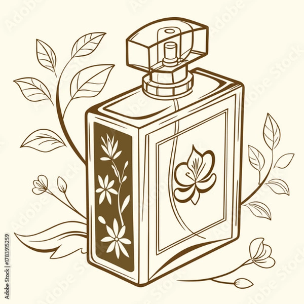 Obraz Elegant Perfume Bottle Vector Illustration with Gold Accents and Floral Ornament, Ideal for Cosmetics Packaging Design and Luxury Brand Marketing.