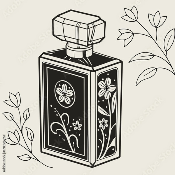 Obraz Elegant Perfume Bottle Vector Illustration with Gold Accents and Floral Ornament, Ideal for Cosmetics Packaging Design and Luxury Brand Marketing.