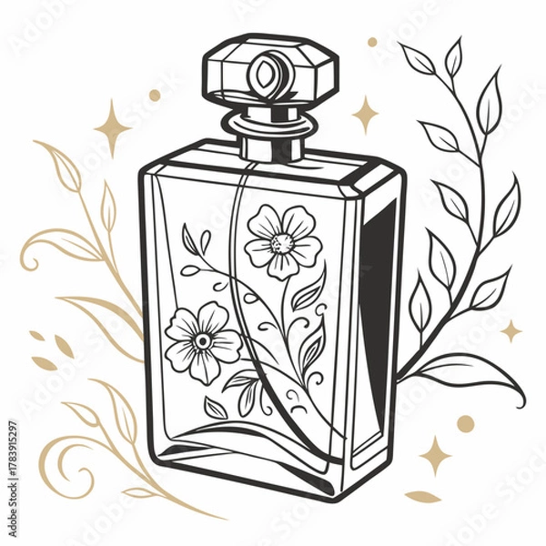 Obraz Elegant Perfume Bottle Vector Illustration with Gold Accents and Floral Ornament, Ideal for Cosmetics Packaging Design and Luxury Brand Marketing.