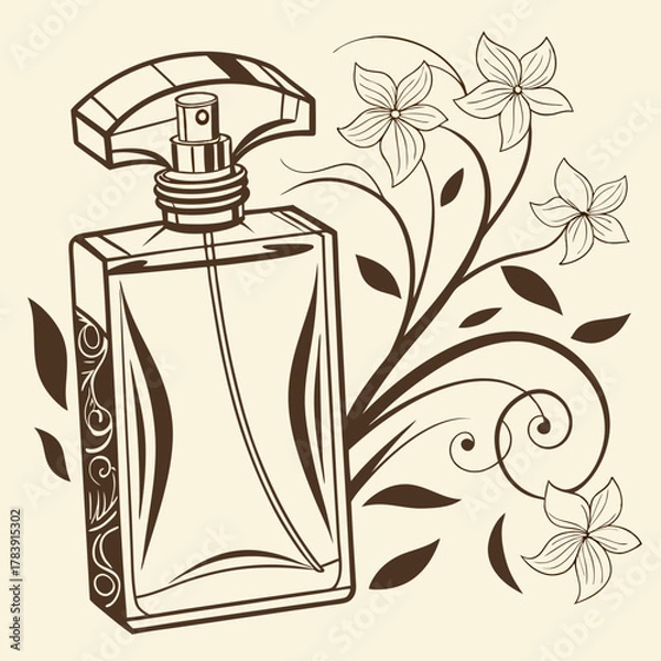 Obraz Elegant Perfume Bottle Vector Illustration with Gold Accents and Floral Ornament, Ideal for Cosmetics Packaging Design and Luxury Brand Marketing.