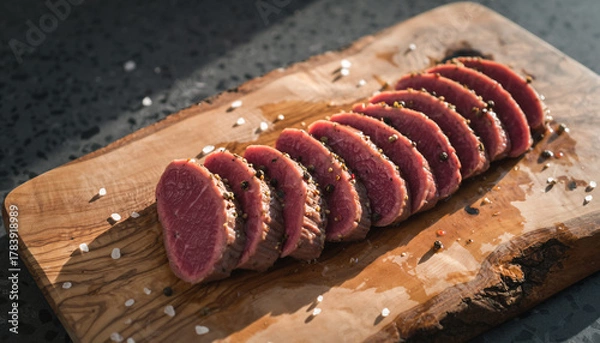 Fototapeta Aufgeschnittenes Rinderfilet auf rustikalem Holzbrett mit grobem Salz
