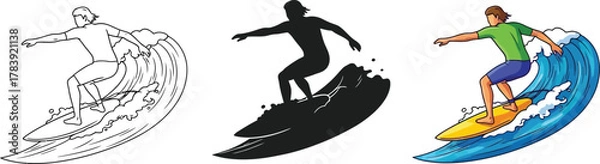 Fototapeta Surfer riding a wave, line art, silhouette, and color illustration