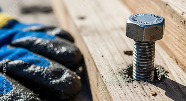 Obraz Close up of a metal bolt secured in a wooden plank with a gloved hand in the background representing construction and DIY projects