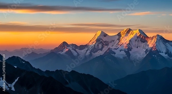 Obraz Snow capped mountain peaks bathed in golden sunrise light mountains summit