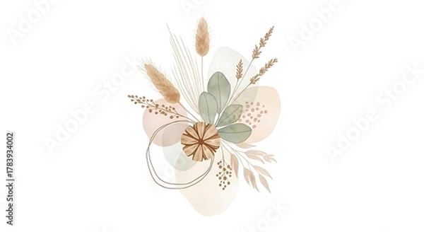 Obraz Dried botanical arrangement with abstract watercolor shapes and thin gold line dried flowers