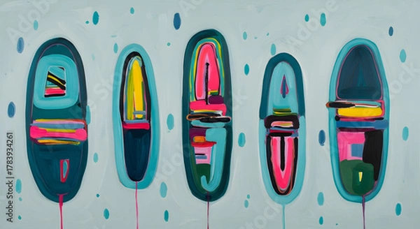 Obraz Five abstract oval shapes with colorful interior details on light blue background image