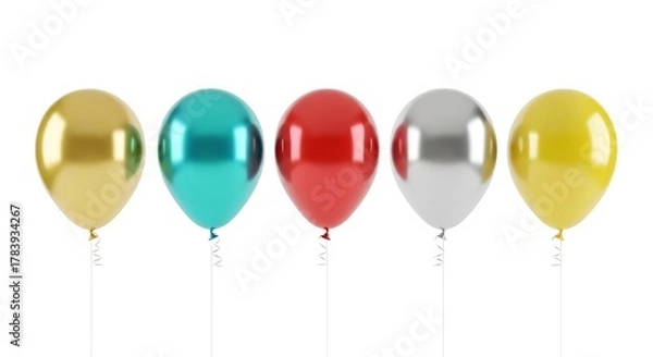 Obraz Five shiny balloons gold teal red silver yellow on white background party celebration