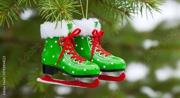 Obraz Green polka dot ice skate Christmas ornaments hanging on pine tree ice skate ornament