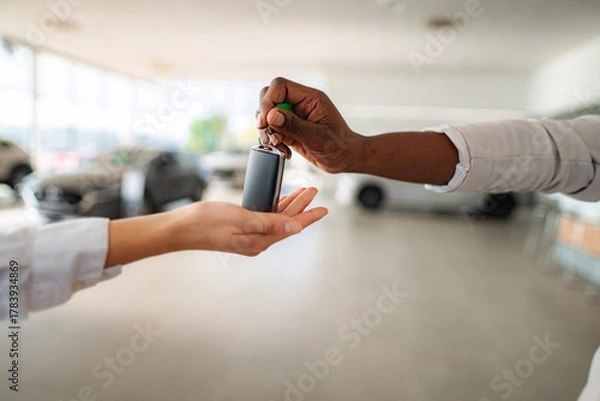Fototapeta Person handing car keys during new car purchase