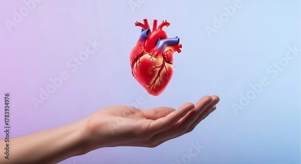 Obraz Human heart floating above open palm against gradient background organ anatomy