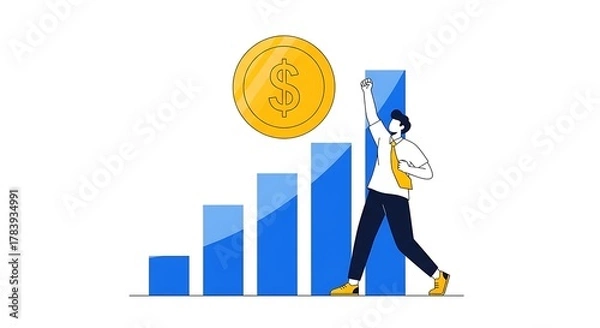Obraz Man celebrating financial growth with rising bar chart and dollar coin business finance
