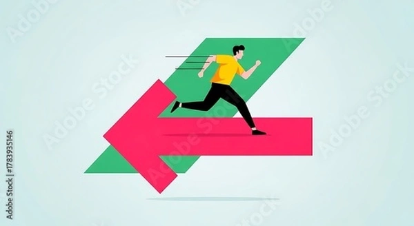 Obraz Man running forward on red arrow with green background abstract shapes image