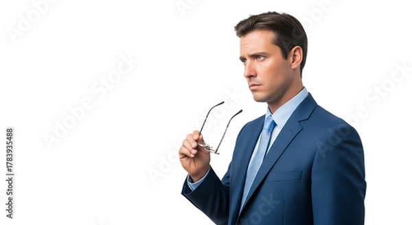 Obraz Thoughtful Businessman in a Dark Blue Suit Holding His Glasses and Looking Off to the Side Isolated on a Black Background