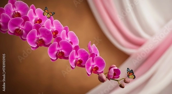 Obraz Pink orchids with butterflies and flowing pink fabric flower floral