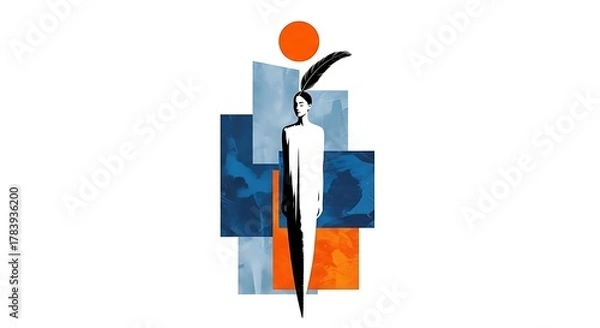 Obraz Stylized woman in white dress with feather headdress and abstract geometric background image