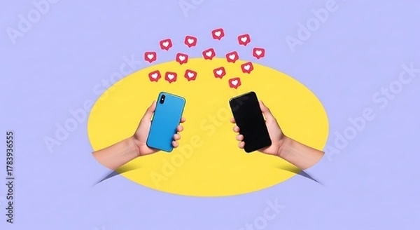 Obraz Two hands holding smartphones with red heart icons floating upwards mobile phone blue phone
