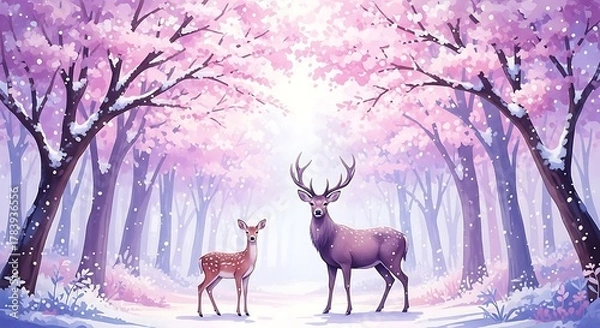 Obraz Two deer in a snowy forest with pink blooming trees fawn winter