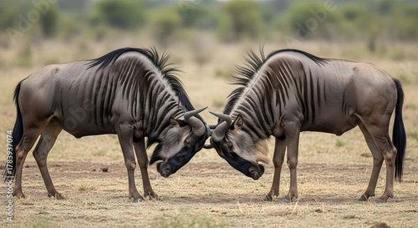 Obraz Two wildebeest facing each other with heads lowered in a savanna antelope animal