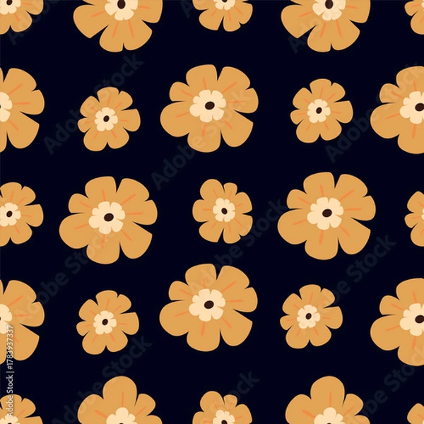 Obraz Vintage floral wallpaper with repeating patterns of large flowers and leaves. Earthy tones of brown and green dominate the floral design. Classic vintage style. Vintage art