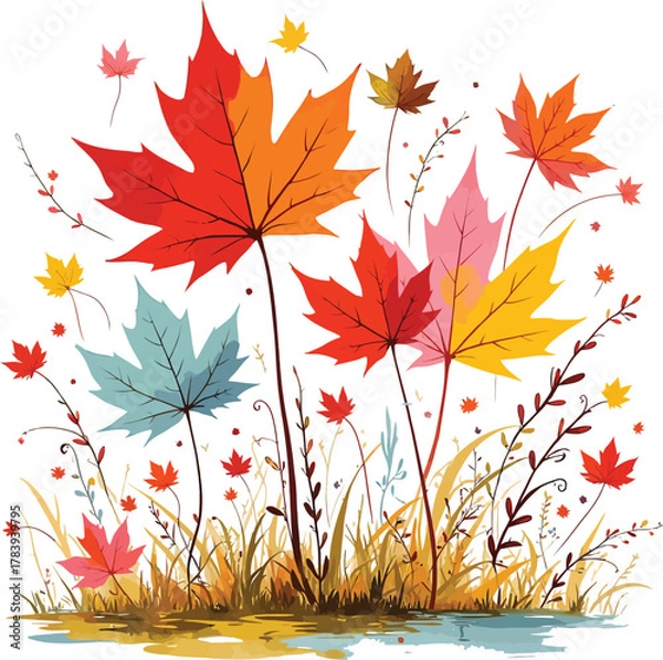 Fototapeta Colorful Maple Leaves and Autumn Vegetation in a Serene Setting