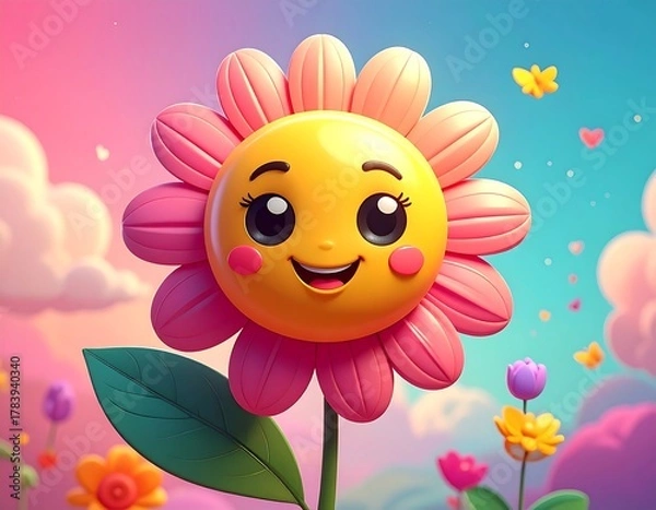 Fototapeta Cartoon flower with a smiling face and a pastel-colored background