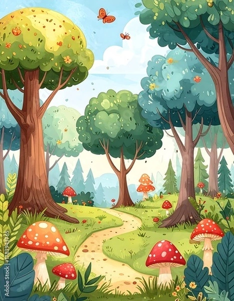 Fototapeta Cartoon forest scene with trees, path, mushrooms, and butterflies