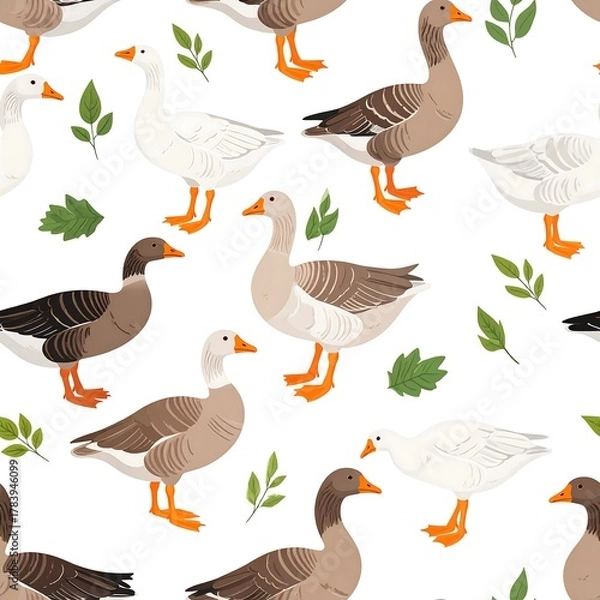 Fototapeta Cartoon geese and green leaves repeat pattern on white