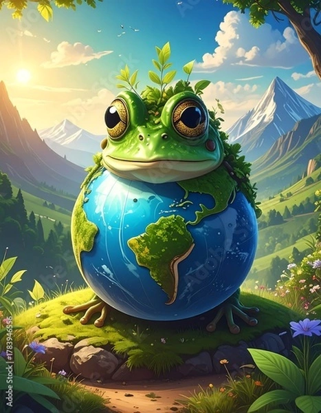 Fototapeta Cartoon frog hugging the Earth, overlooking mountain range, sunny day
