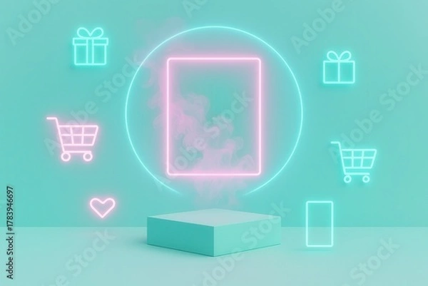 Fototapeta Cyber monday neon backdrop with glowing icons