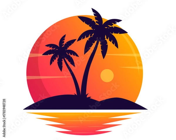 Fototapeta Tropical Sunset Circle Design with Palm Tree Silhouette and Ocean Reflection Vector