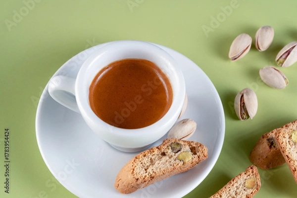 Fototapeta A classic espresso accompanied by delicious Italian cantucci, studded with green pistachios, a perfect indulgent treat